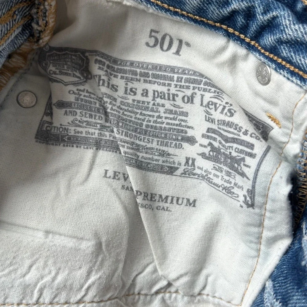 Levi's 501 Straight Leg Patchwork Jeans 26 Blue Distressed Denim Casual Upcycled - Picture 8 of 12